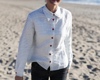 Striped Linen Shirt, Washed Linen  Shirt, Collared Shirt, Long Sleeve Top, Women Shirt, Collar Blouse, Plus Size Linen Clothing,