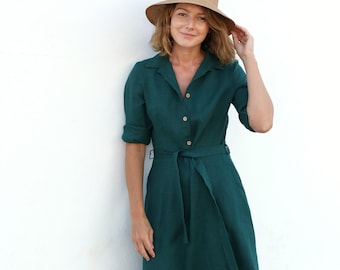 Wide skirt linen dress | Dress with classic collar |  Sleeve dress | Linen dress | Maternity Dress | Dress with belt | Button Down Dress