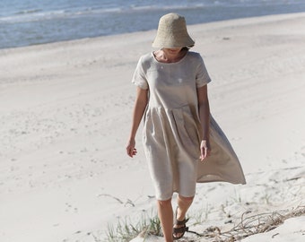 Short Sleeve Linen Dress, Pockets, Pleated A-Line, Washed Linen