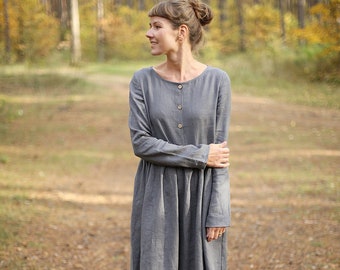 Long sleeve linen dress. Various colours available. Bellow-the-knee-length, loose-fit autumn dress. Dress with buttons. Maternity Dress