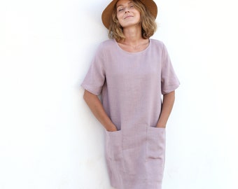 Japanese Style Working Linen Dress | Dress With Front Pockets | Short Sleeves Dress |  Tunica Dress | Knee Length Dress | Simple Linen Dress