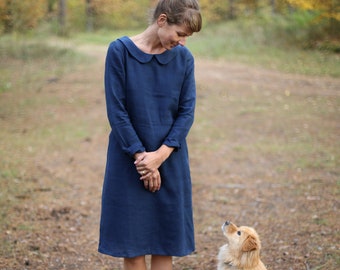 Peter Pan Collar Linen Dress / Minimal Dress / Long Sleeves Dress / Date Dress / Dress with Pockets / Classic Linen Dress / Linen Dress