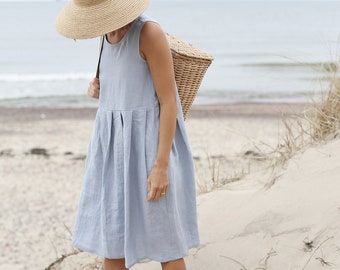 Loose Linen Maternity Dress, Pleated Smock Dress, Greyish Blue