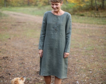 Maternity Linen Dress / Long Sleeves Dress / Dress with Buttons / Loose  Dress / Dress with Pockets / Minimal Dress / Lithuanian Linen
