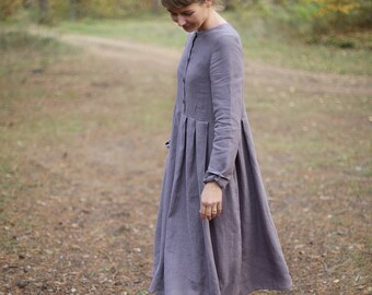 Autumn Linen Dress / Long Sleeves Dress / Long Dress / Dress with Buttons / Maternity Dress / Wide Dress / Loose  Dress / Dress with Pockets