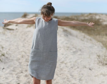 Comfy Linen Dress  /Loose Fit Linen Dress / Sleeveless Linen Dress / Dress With Front Pockets  / Japanese Style Minimal Linen Dress