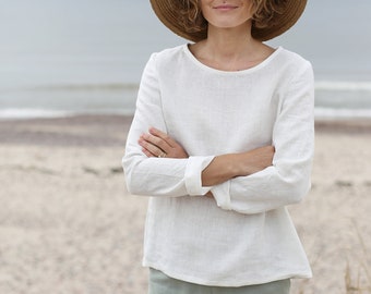 White linen blouse. Long sleeve linen top.  Basic linen top. Oversized, loose-fit linen shirt. Handmade, stone washed linen top.