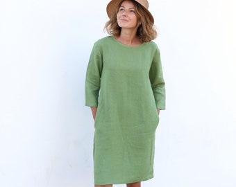 3/4 sleeves midi dress. Knee-length, linen dress with pockets. Stone washed linen clothing for women. Various colours available.