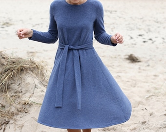 A-Line Eco Wool Dress | Long Dress | Natural Wool  Dress | Elegant dress | Wide skirt Dress | Dress With Belt | Occasional Dress |