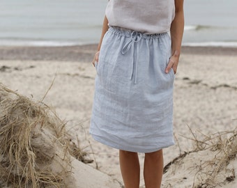 Skirt With Adjustable Waist | Midi Skirt | Washed Linen Skirt | Skirt With Pockets | Washed Soft Linen Skirt