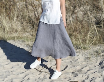 Linen Skirt | Skirt With Elastic Waist | Washed Linen Skirt With Pockets | Circle Skirt | Wide Skirt |  Long Linen Skirt | Mid Rise Waist |