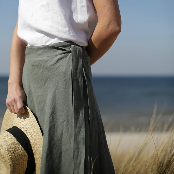 Wrap Linen Skirt, A-Line Midi Skirt with Belt, Plus Size