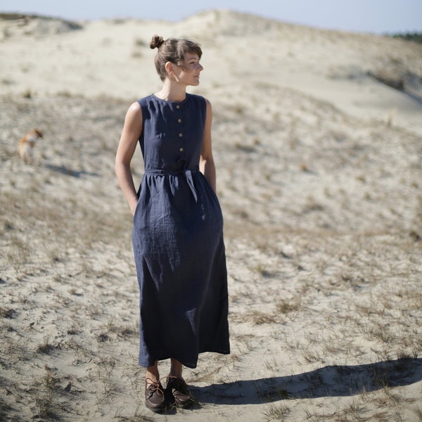 Elegant Linen Dress / Long Maxi Dress / Washed Soft Linen / Maternity Dress / Women‘s Linen / Black Linen