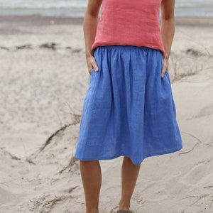 Bellow The Knee Length Linen Skirt With Elastic Waist Washed Linen Skirt With Pockets Wide Skirt Midi Linen Skirt Mid Rise Waist image 1