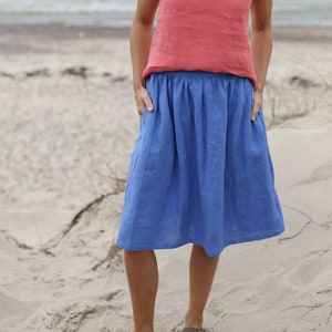Bellow The Knee Length Linen Skirt With Elastic Waist | Washed Linen Skirt With Pockets | Wide Skirt |  Midi Linen Skirt | Mid Rise Waist |