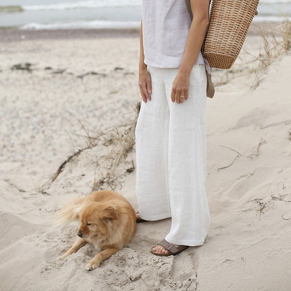 Pantalon en lin à jambes larges taille haute. Pantalon femme avec taille élastique. Pantalon large en lin droit avec poches. Pantalons en lin.