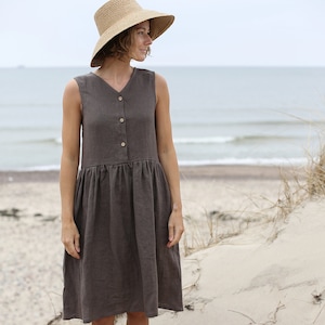 Linen Loose Sleeveless MAMA Dress With Front Buttons In Middi Length Oversized Linen Dress With Side Pockets Washed And Soft Linen Dress image 1