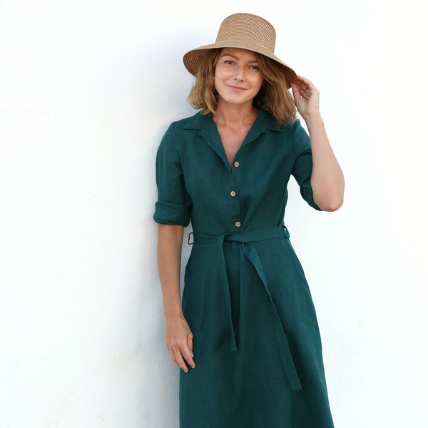 Smaragdgroene linnen jurk | Wijde rok, button-down met riem