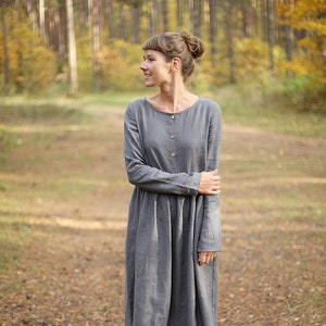 Long Sleeve Linen Dress. Various Colours Available. Bellow-the-knee ...