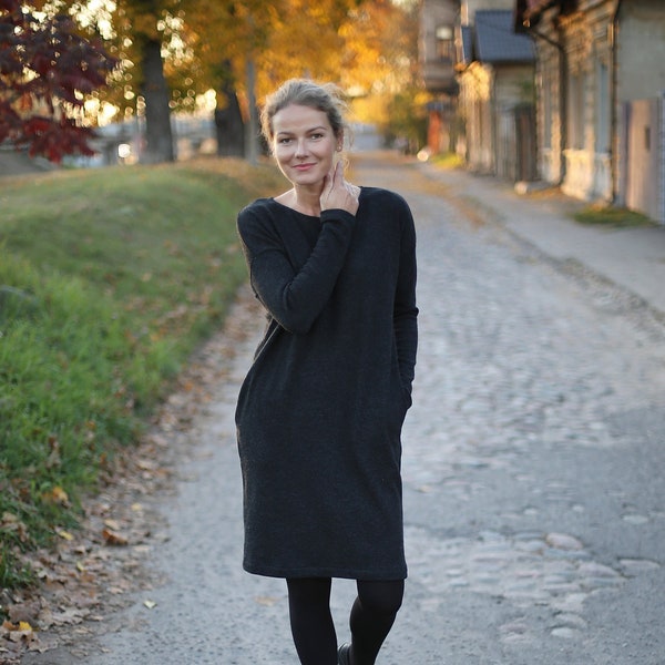 Oversized Dress | Eco Wool Dress | Loose dress | Warm Dress | Women Dress |  Black Dress | Comfy Dress | Autumn Dress | Casual Dress