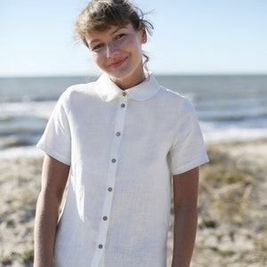Linen Collar Shirt, Women Linen Top, Peter Pant Collared Shirt, White Linen Shirt, Short Sleeve Linen Shirt, Linen Shirt With Buttons