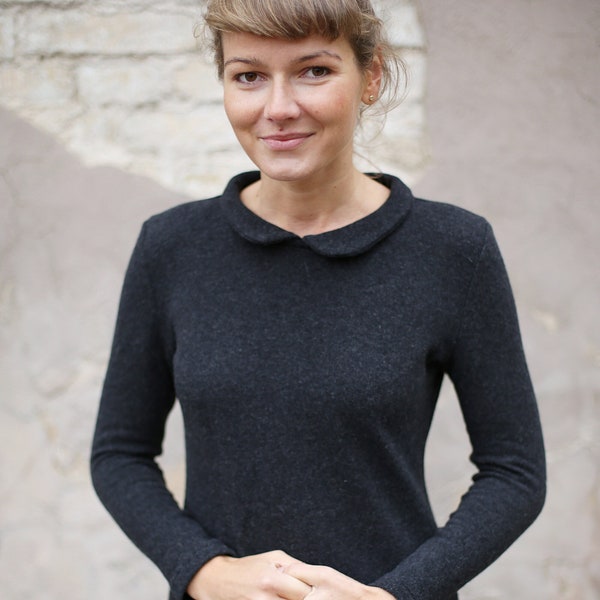 Handmade Virgin Merino Wool Dress | Peter Pan Collar, Warmly Black