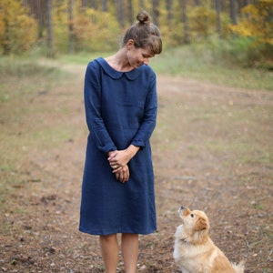 Peter Pan Collar Linen Dress / Minimal Dress / Long Sleeves Dress / Date Dress / Dress with Pockets / Classic Linen Dress / Linen Dress