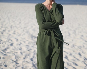 Wrap Dress In Wool | Long Dress | Natural Wool  Dress | Elegant dress | Wide skirt Dress | Dress With Belt And Pockets | Occasional Dress |