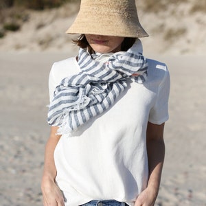 Striped Linen Scarf. Women Scarves. Linen Shawl. Women Linen Scarf. Handmade Accessories. Unisex Scarf. Ready to ship. image 1