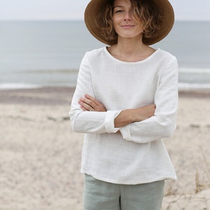 White linen blouse. Long sleeve linen top.  Basic linen top. Oversized, loose-fit linen shirt. Handmade, stone washed linen top.