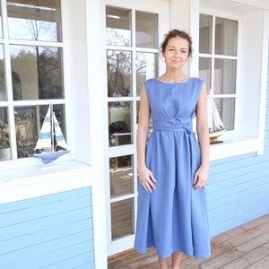 Handmade Blue Linen Dress, Long Wide Skirt with Belt