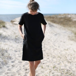 Loose fit linen dress. Knee length, short sleeve linen dress with pockets. Washed linen clothing. Little Black Dress. Minimal Linen Dess. image 1