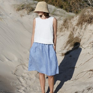 Linen Skirt With Elastic Waist | Midi Skirt | Washed Linen Skirt | Skirt With Pockets | Washed Soft Linen Skirt | Knee Length Skirt