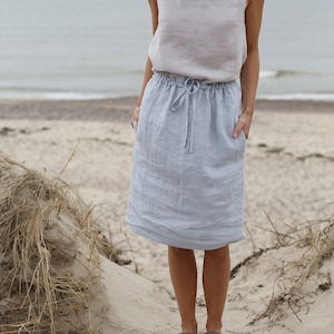 Skirt With Adjustable Waist Midi Skirt Washed Linen Skirt Skirt With Pockets Washed Soft Linen Skirt image 1