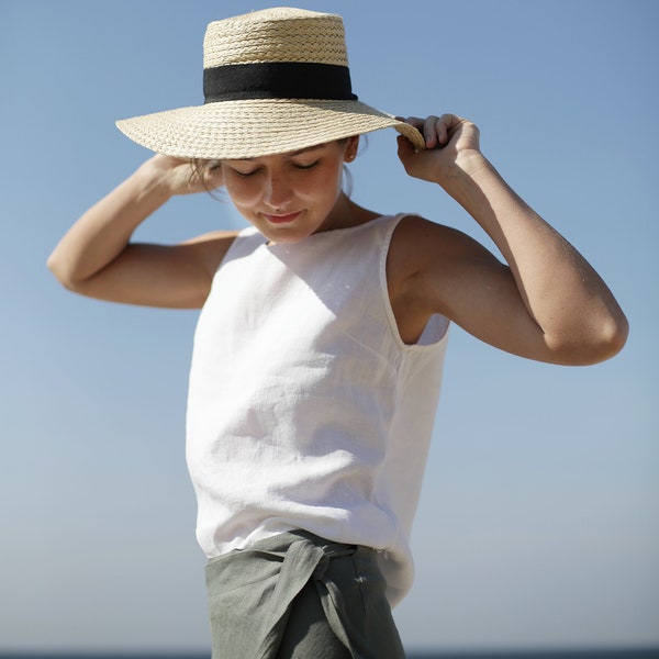 Blouse en lin sans manches. Dessus en lin doux lavé. Chemise pour femme. Chemisier ample en lin. Haut blanc.