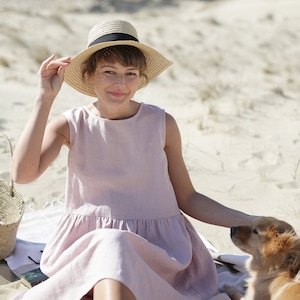 Sleeveless Handmade Linen Dress, Wide Fit Linen Tunica, Pleated Linen Dress, Drop Waist Dress, Linen Tank Dress, Plus Size Dress