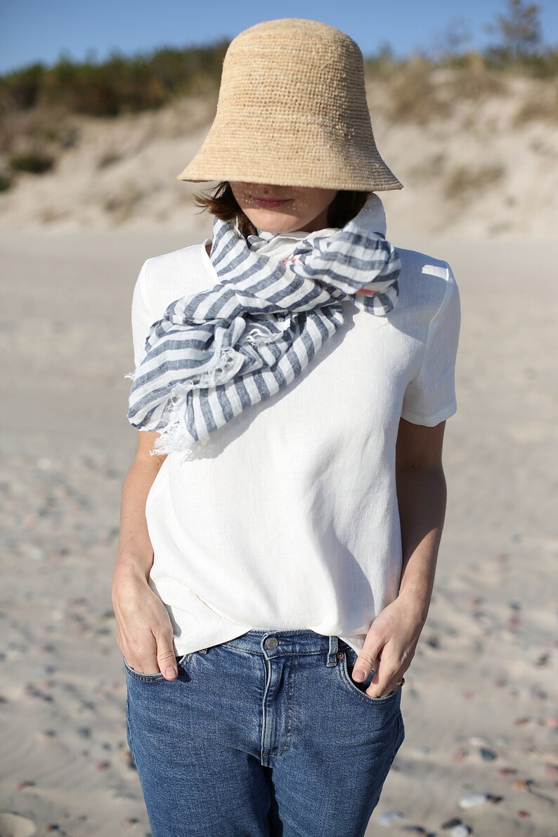 Striped Linen Scarf. Women Scarves. Linen Shawl. Women Linen Scarf. Handmade Accessories. Unisex Scarf. Ready to ship. image 1