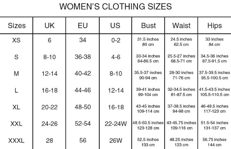 Może przedstawiać: Tabela przedstawiająca rozmiary odzieży damskiej w rozmiarach US, UK, EU i międzynarodowych. Tabela zawiera wymiary biustu, talii i bioder w calach i centymetrach.