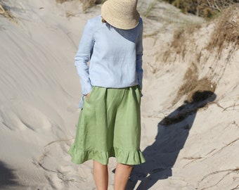 Linen Skirt With Ruffle | Linen Skirt With Elastic Waist | Washed Linen Skirt With Side Pockets | Midi Length Linen Skirt | Mid Rise Waist |