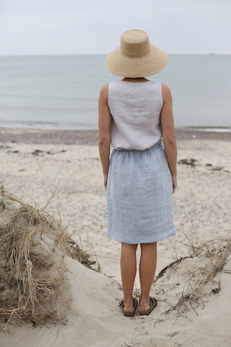 Skirt With Adjustable Waist Midi Skirt Washed Linen Skirt Skirt With Pockets Washed Soft Linen Skirt image 4