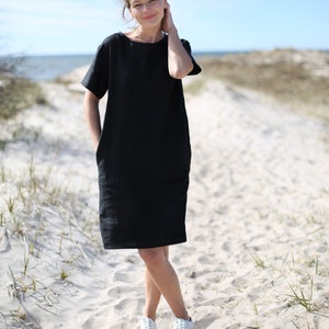 Loose fit linen dress. Knee length, short sleeve linen dress with pockets. Washed linen clothing. Little Black Dress. Minimal Linen Dess. image 5