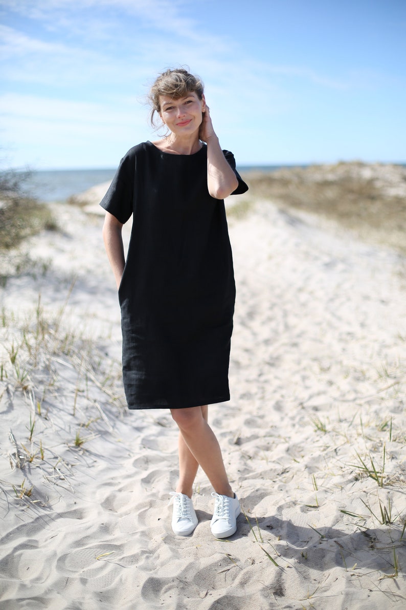 Loose fit linen dress. Knee length, short sleeve linen dress with pockets. Washed linen clothing. Little Black Dress. Minimal Linen Dess. image 5