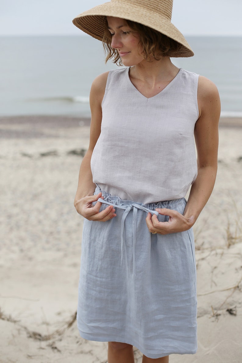 Skirt With Adjustable Waist Midi Skirt Washed Linen Skirt Skirt With Pockets Washed Soft Linen Skirt image 2