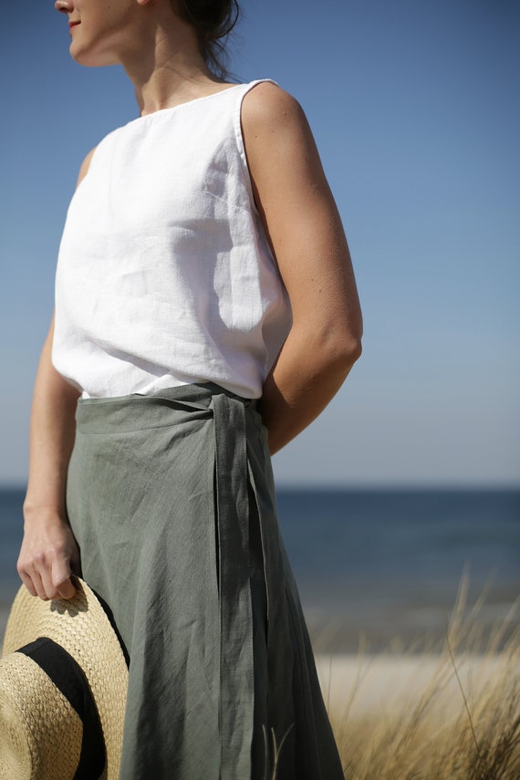 Linen Wrap Skirt A Line Wrap Skirt Midi Skirt Knee Length High