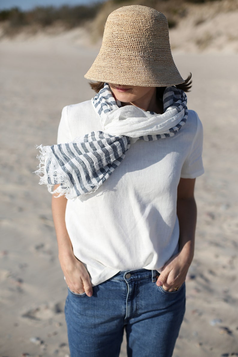 Striped Linen Scarf. Women Scarves. Linen Shawl. Women Linen Scarf. Handmade Accessories. Unisex Scarf. Ready to ship. image 4