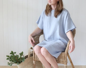 Wide and loose minimal linen dress. Washed soft linen tunica dress, oversized.