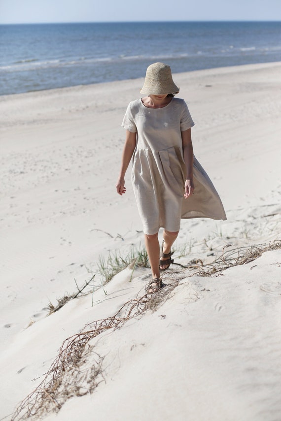 Short Sleeve Linen Dress, Pockets, Pleated A-Line, Washed Linen