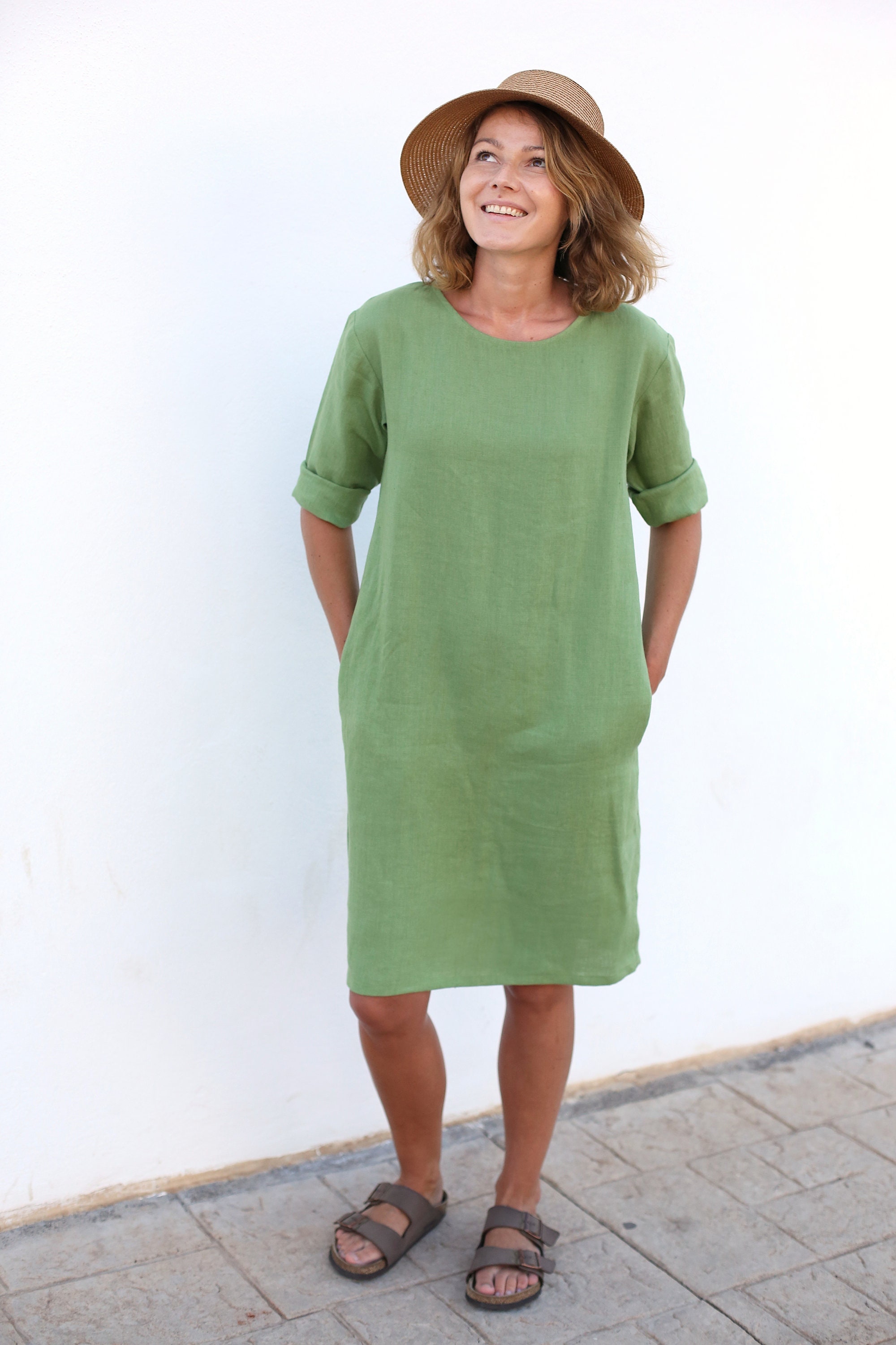 knee length dresses for ladies Green Linen Blend Halter Midi Dress – Mint Velvet
