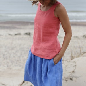 Bellow The Knee Length Linen Skirt With Elastic Waist Washed Linen Skirt With Pockets Wide Skirt Midi Linen Skirt Mid Rise Waist image 7