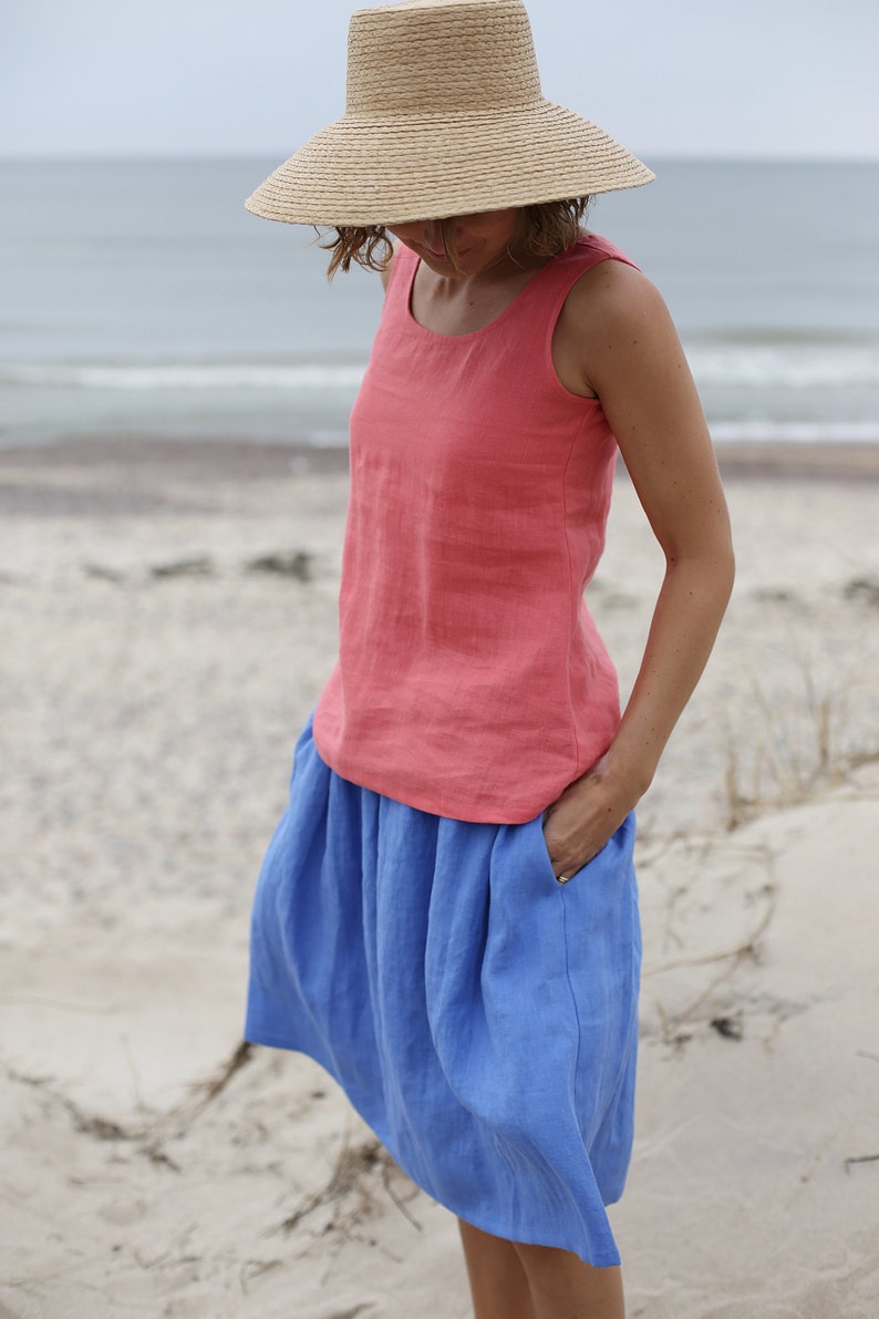 Bellow The Knee Length Linen Skirt With Elastic Waist Washed Linen Skirt With Pockets Wide Skirt Midi Linen Skirt Mid Rise Waist image 7